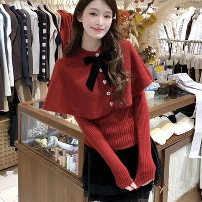 千金风红色V领蝴蝶结毛衣女套装斗篷设计氛围感针织衫