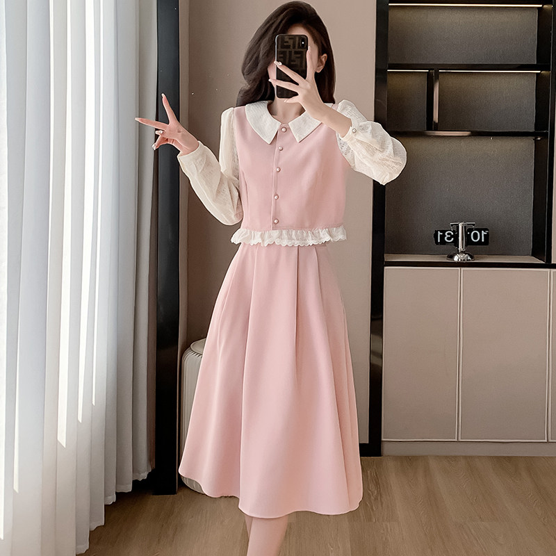 早春新款粉色连衣裙娃娃领长袖法式复古初恋清纯奶甜套装裙子,女装/女士精品,连衣裙,淘宝优惠券,粉丝福利购,淘宝优惠卷