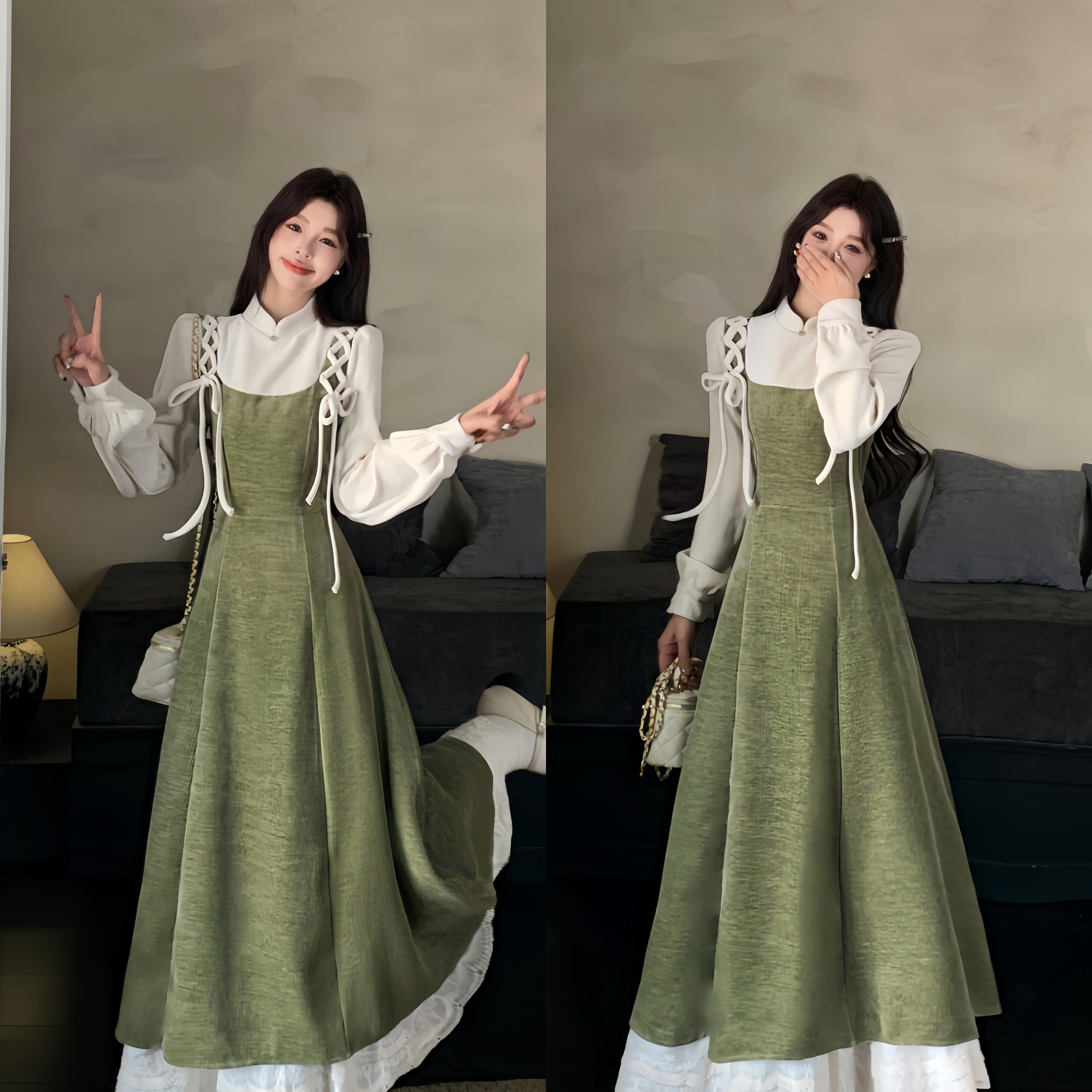 实拍~ 法式复古超好看假两件连衣裙女秋冬新款设计感别致显瘦裙子