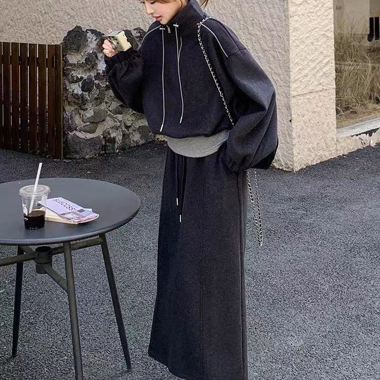 假两件卫衣套装女2025秋冬新款休闲运动百搭漂亮半身裙两件套