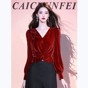 早秋新款今年流行的漂亮小衫冷淡系高级感超好看安可拉红丝绒上衣
