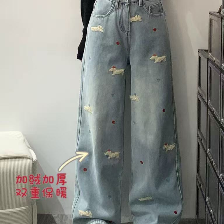 刺绣加绒阔腿牛仔裤女秋冬高腰显瘦宽松直筒裤,女装/女士精品,牛仔裤,淘宝优惠券,粉丝福利购,淘宝优惠卷