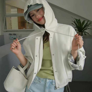 25秋冬 格子拼色连帽Pu皮衣外套复古抽绳夹克上衣9507 INS韩系时尚