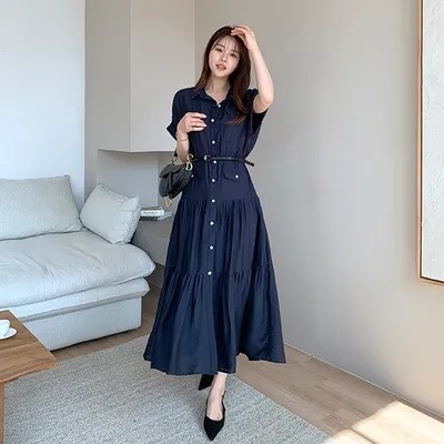 韩国chic 法式气质翻领系带收腰显瘦大裙摆连衣裙长裙 配腰带,女装/女士精品,连衣裙,淘宝优惠券,粉丝福利购,淘宝优惠卷