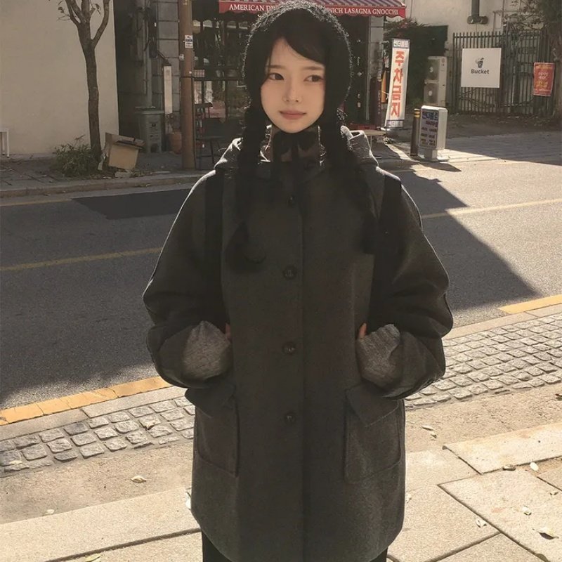 已出货 韩国复古日系学院风连帽单排扣夹棉毛呢外套中长款大衣女,女装/女士精品,毛呢外套,淘宝优惠券,粉丝福利购,淘宝优惠卷