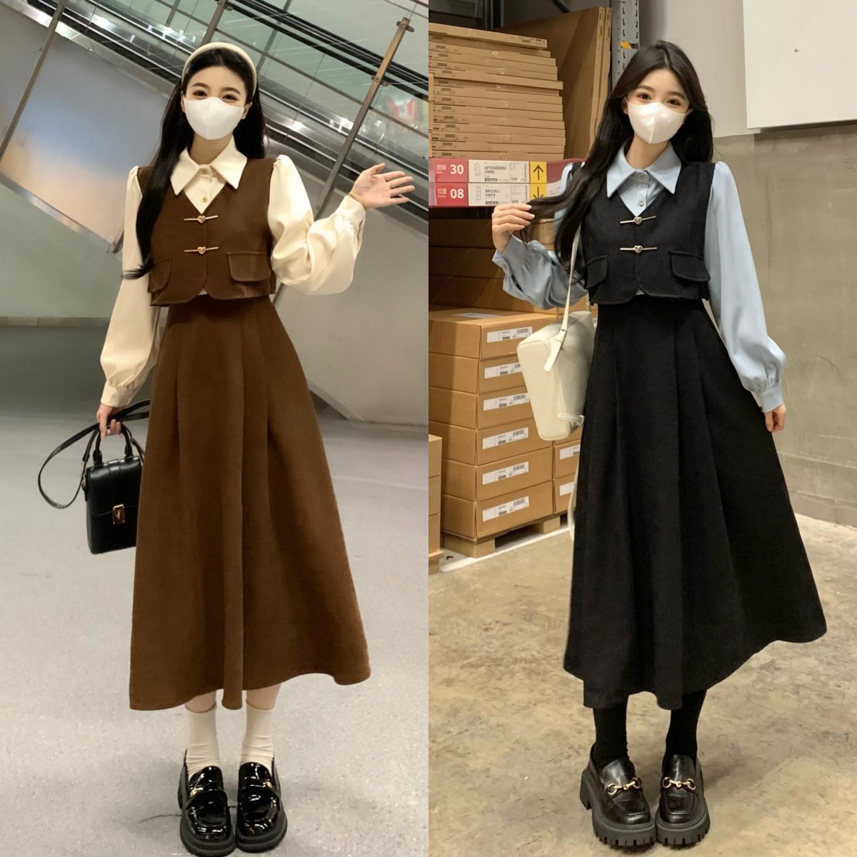 实拍 2025秋冬新款法式复古拼接学院风假两件磨毛灯芯绒连衣裙,女装/女士精品,大码连衣裙,淘宝优惠券,粉丝福利购,淘宝优惠卷