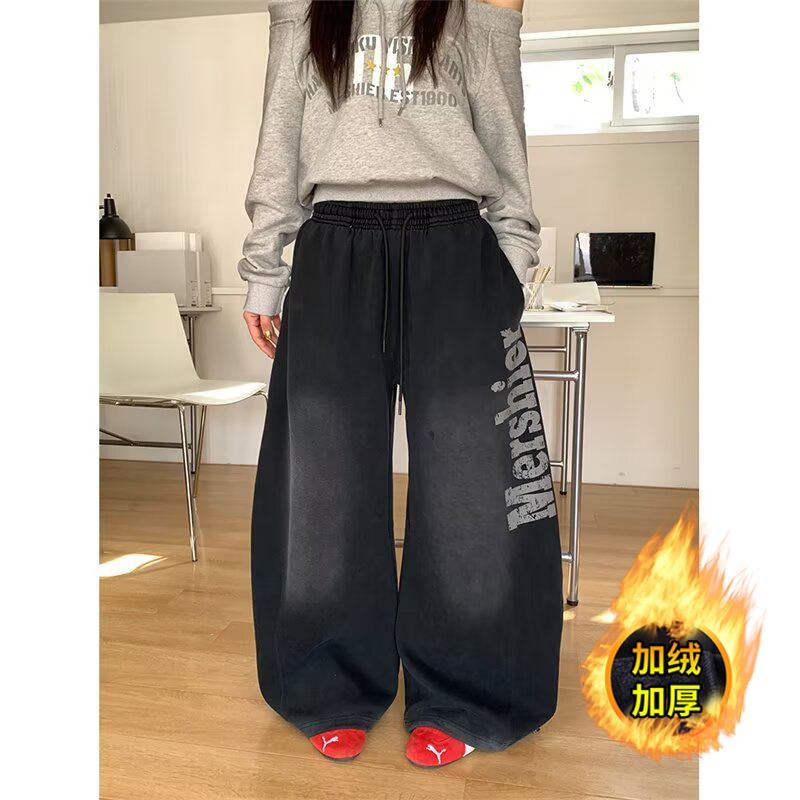 加绒款复古潮乐汇迷彩拼接工装牛仔裤女秋冬假两件阔腿拖地裤