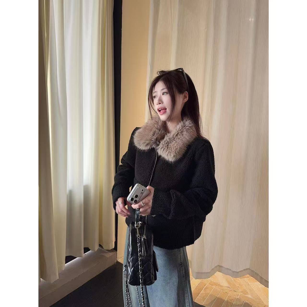 可拆卸毛领长袖羊羔毛外套女冬季复古黑色宽松慵懒风休闲拉链上衣,女装/女士精品,短外套,淘宝优惠券,粉丝福利购,淘宝优惠卷