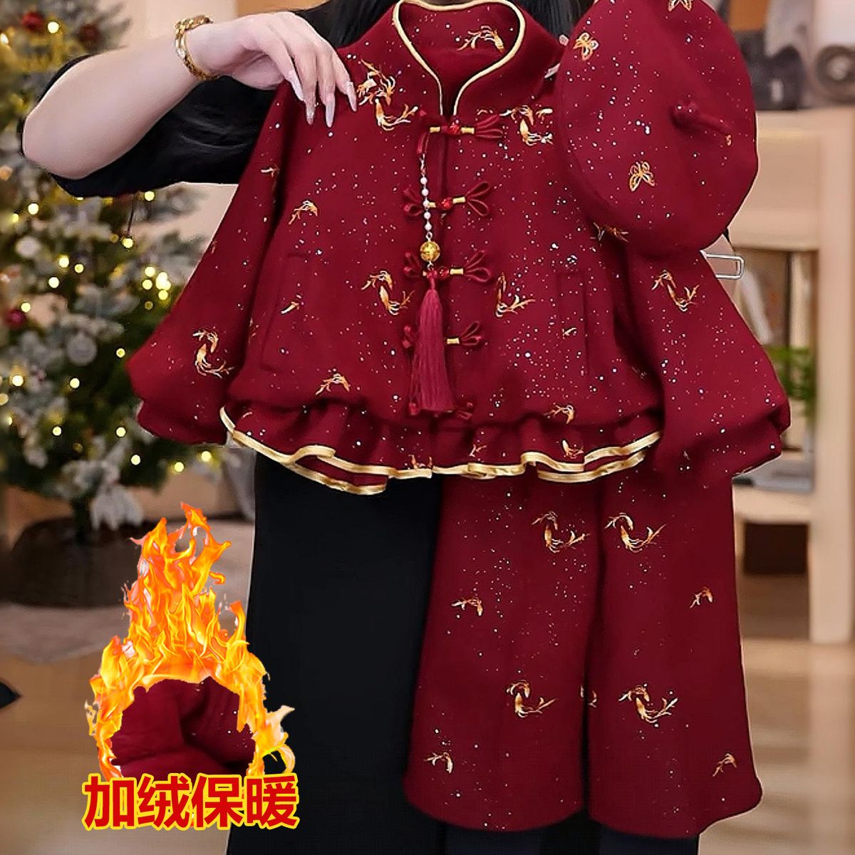 女童冬季套装加绒加厚小女孩儿童红色细闪拜年服新款宝宝两件套潮