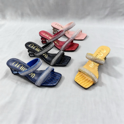 新款夏季一字带女高跟拖鞋粗跟水钻方头大码外贸鞋slippers shoes