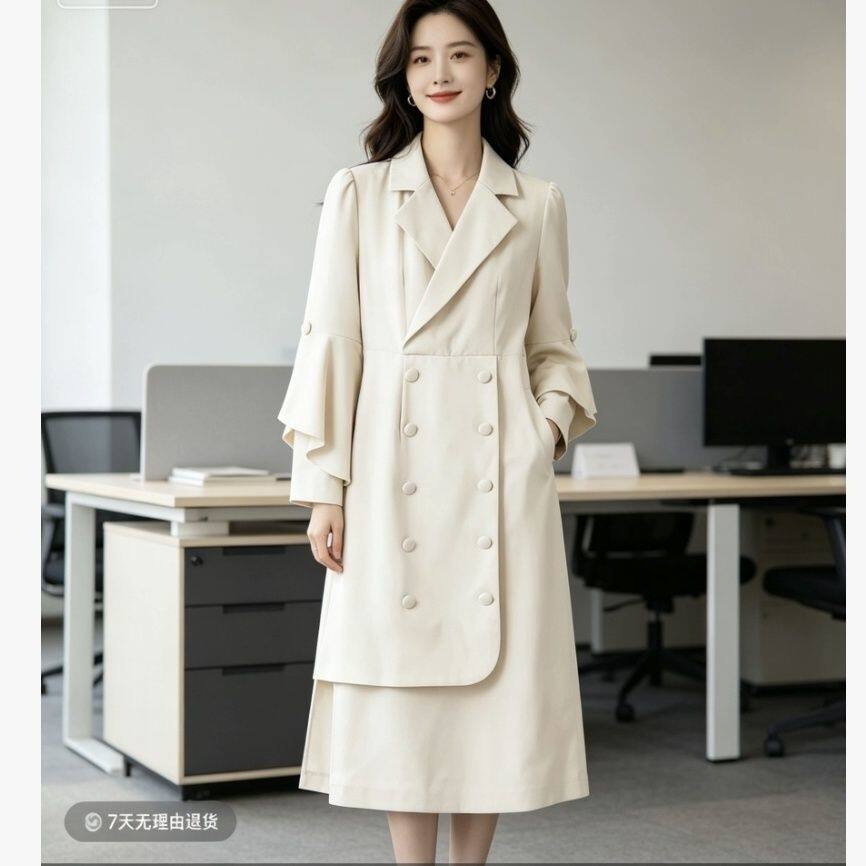 秋天西装老师幼师连衣裙子工衣工作服工装外套过膝收腰双排扣风衣