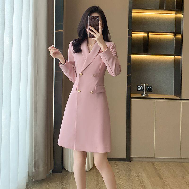 秋天印花色裙职业连衣裙老师幼师教师美容礼服工装上班加肥加大版