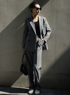 犀利哥 之禾原 灰色双排扣羊毛混纺西装通勤职场OL风双排扣西服女