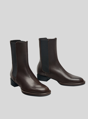 犀利哥MD女鞋 秋季新款 棕色平底切尔西短靴 简约短筒防滑靴子女