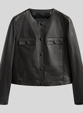 双12忑价 MD女装 原面料黑色羊皮夹克上衣 帅气短款皮衣外套 秋冬