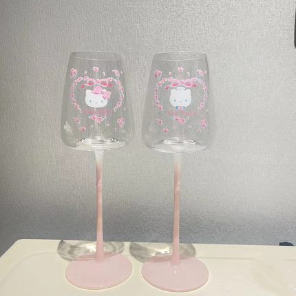 HelloKitty粉色高脚杯红酒杯玻璃杯 可爱印花高脚杯情侣闺蜜礼物