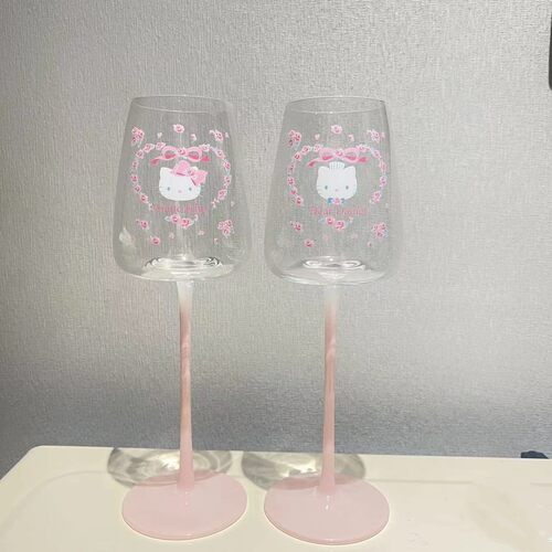 HelloKitty粉色高脚杯红酒杯玻璃杯 可爱印花高脚杯情侣闺蜜礼物