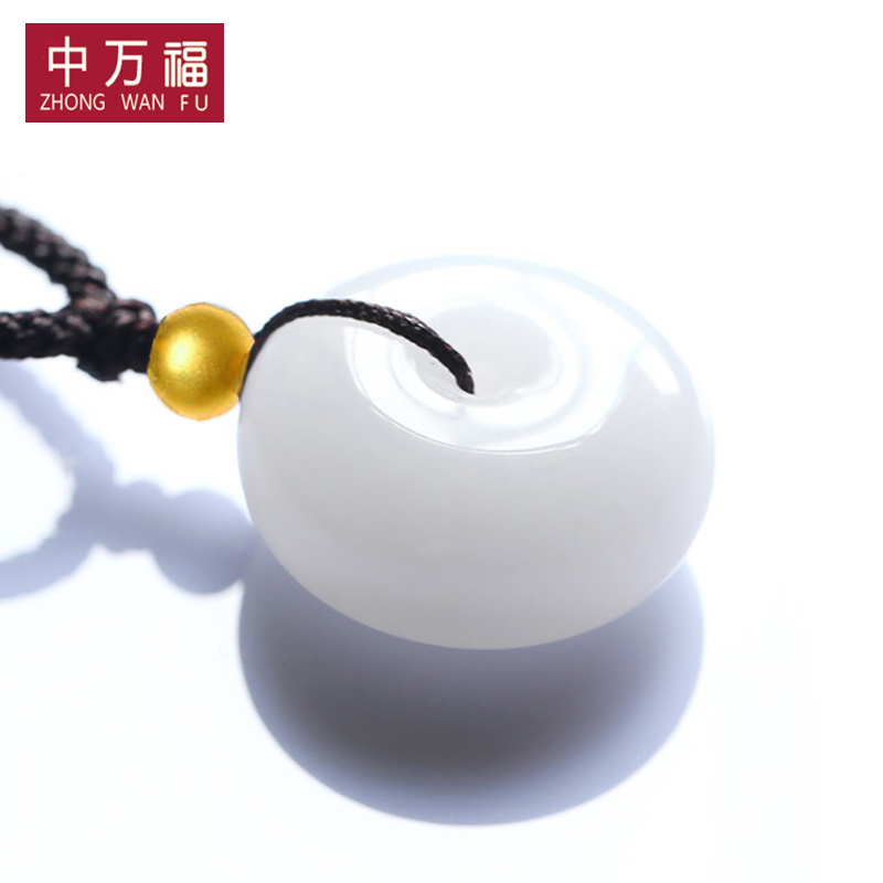 新疆天然羊脂白色玉石平安扣吊坠 昆仑子玉金珠项链 观音佛公项链