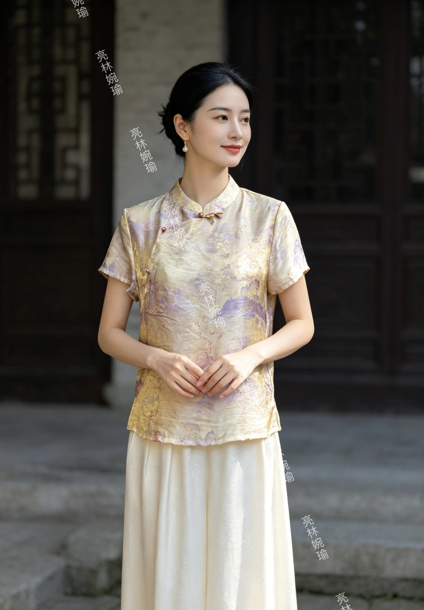新中式国风短袖女夏2026新款斜襟钉珠扣轻薄复古上衣名族风日常