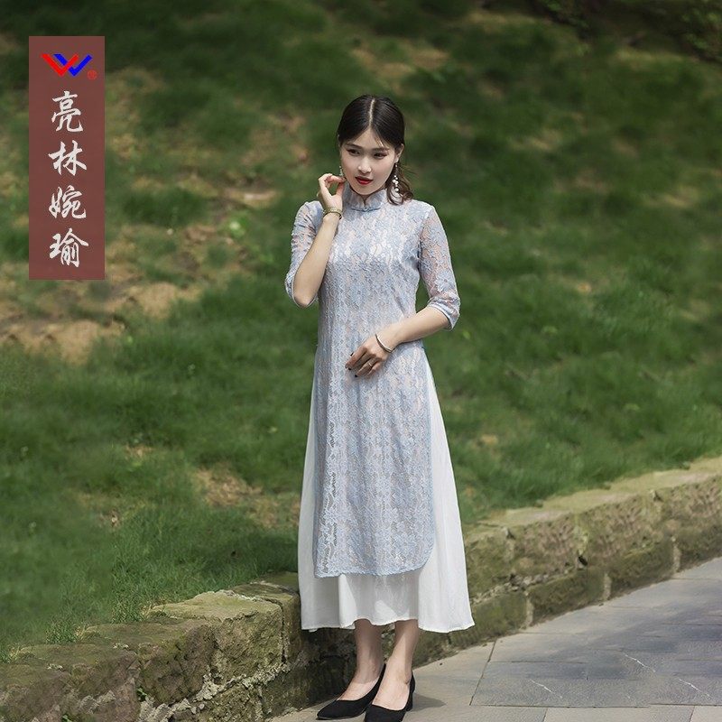 木棉系列蕾丝复古连衣裙开叉长裙假两件优雅气质连衣裙中袖茶服女