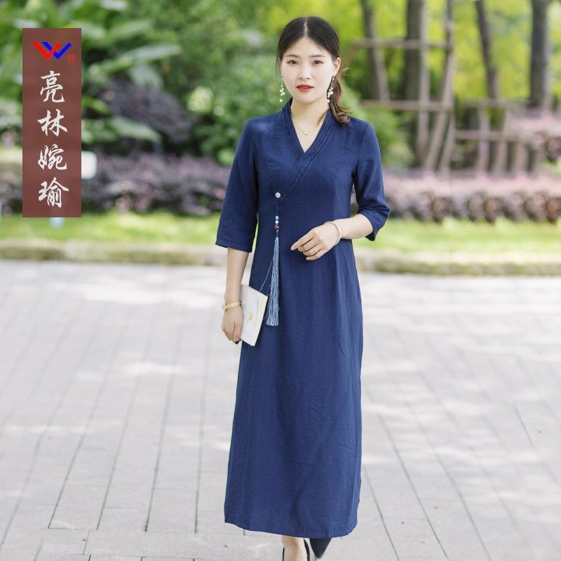 木棉系列 春夏七分袖旗袍女装天丝棉中长款改良中式连衣裙流苏款