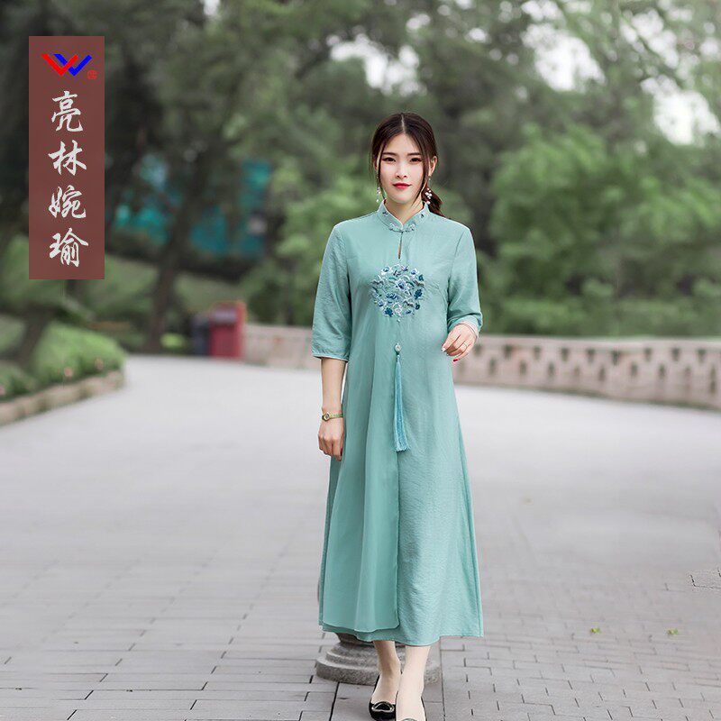原创复古中国风棉麻连衣裙女短袖民族风茶服盘扣刺绣网纱夏装长裙