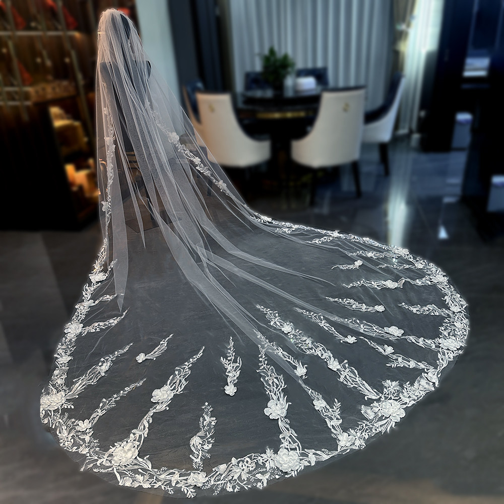 新娘结婚主婚纱头纱高级感优质蕾丝花边拖尾头纱轻奢婚礼头纱头饰