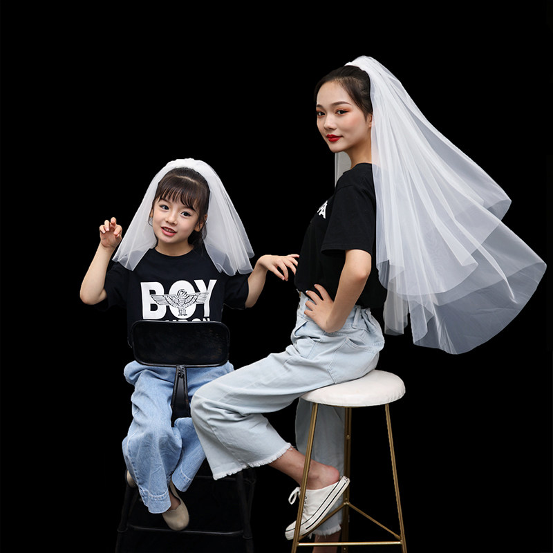 女神节亲子儿童头纱公主拍照道具新娘结婚头饰小孩母亲节女童头纱