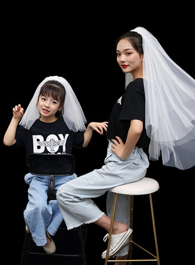 女神节亲子儿童头纱公主拍照道具新娘结婚头饰小孩母亲节女童头纱