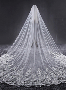 新款韩式浪漫蕾丝长拖尾镶嵌水钻软纱头纱3.8米超长新娘结婚头纱