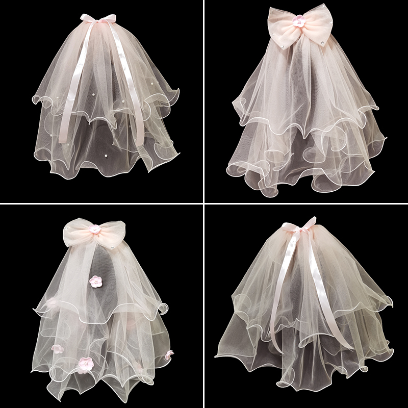 新娘结婚主婚纱头纱粉色超仙森系网红拍照道具蝴蝶结珍珠头纱头饰