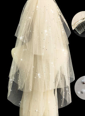 白色新款结婚头纱短款女森系网红拍照道具闪闪珍珠头纱头饰女