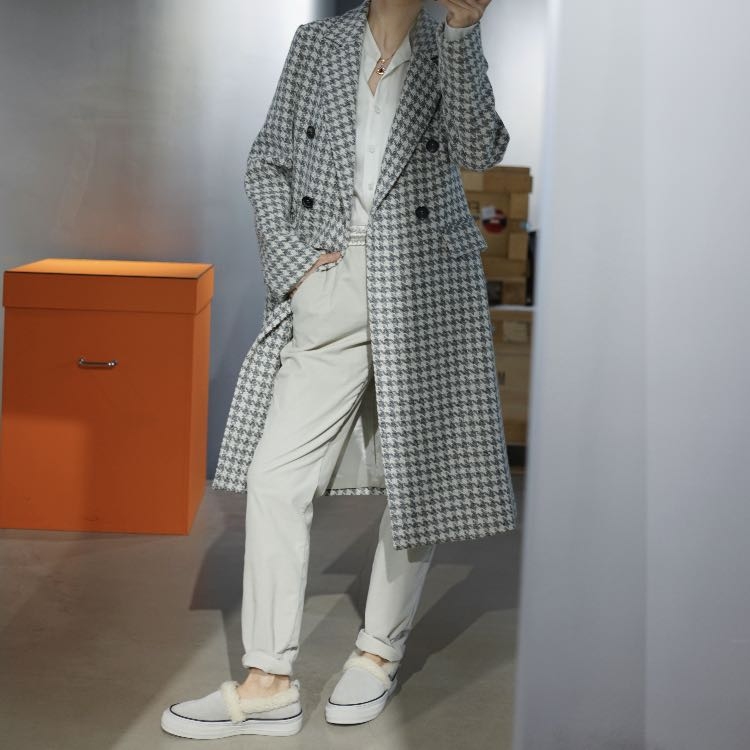 羊驼混纺编织格纹大衣