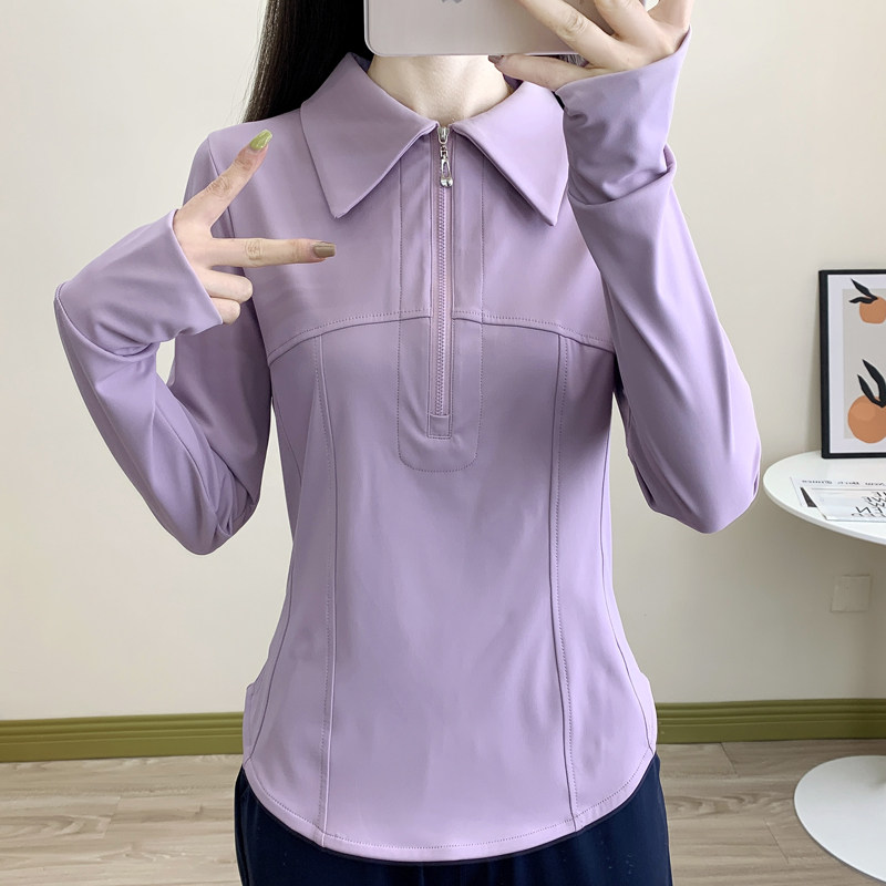 春秋长袖速干T恤女户外运动胖MM大码显瘦瑜伽服翻领套头休闲上衣