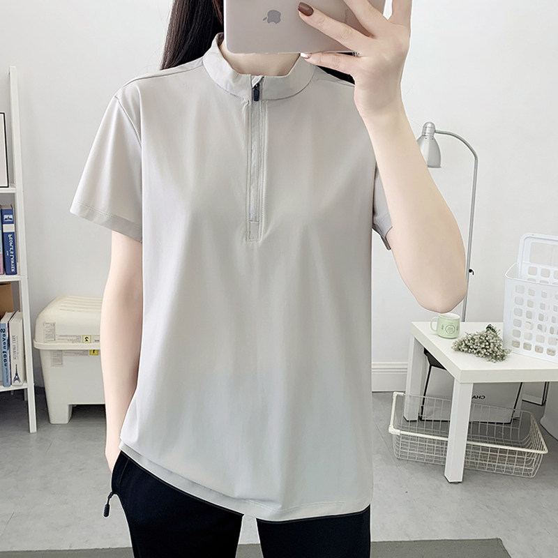 冰感面料速干衣女宽松大码显瘦立领运动短袖中长款遮臀健身T恤夏