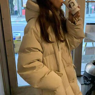 2025冬季新韩国东大门纯色简约休闲连帽中长款90鸭绒羽绒服女