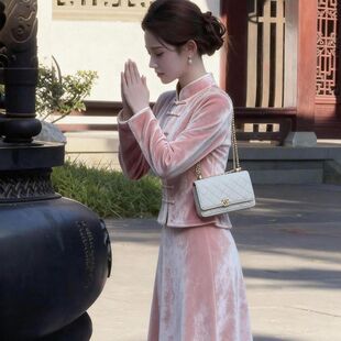 新中式国风浅粉色丝绒套装裙秋季独特漂亮巨好看高端两件套