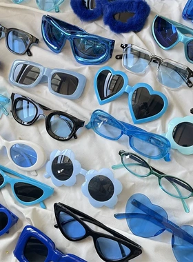 2025新款多边形猫眼蓝色多巴胺爱心墨镜防晒凹造型街拍太阳眼镜女