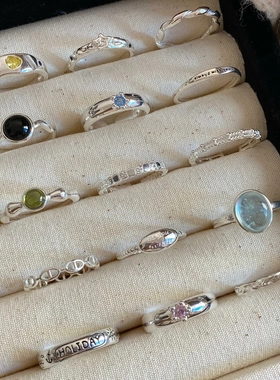 素圈海蓝宝彩色宝石s925纯银戒指女小众不掉色百搭开口指环手饰