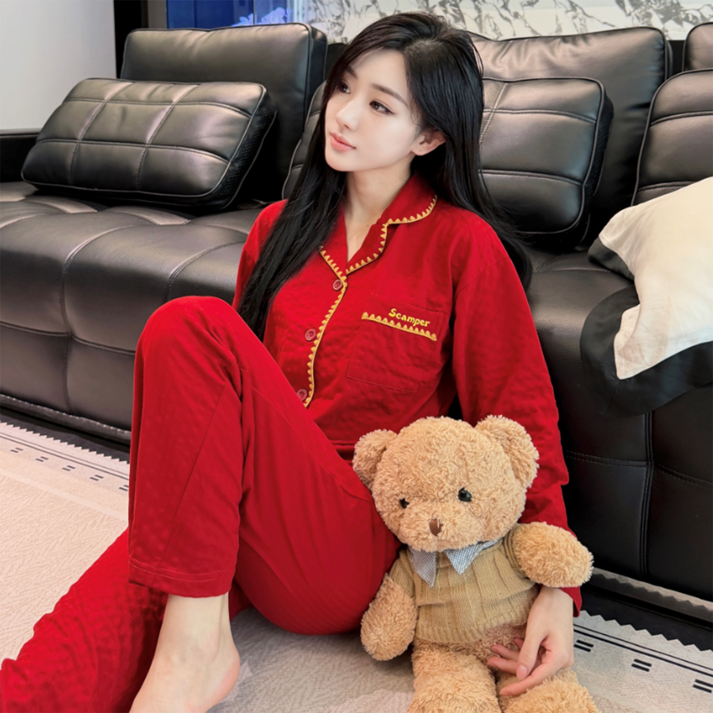 春秋纯棉长袖女睡衣家居服套装