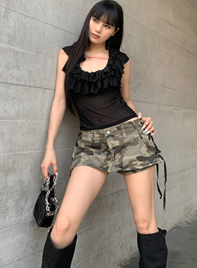 ROY11 饥饿游戏 迷彩绑绳牛仔半身裙女夏美式复古低腰包臀短裙裤