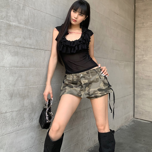 ROY11迷彩绑绳牛仔半身裙