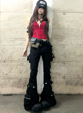 ROY11小众设计感多口袋微喇叭牛仔裤辣妹显高修身弹力拖地裤子新