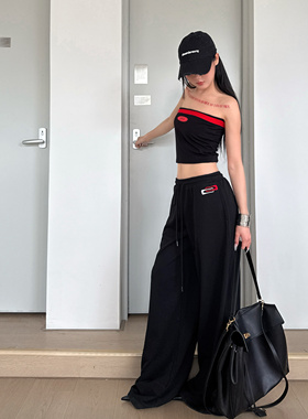 ROY11设计感春夏撞色辣妹抹胸上衣+美式复古阔腿抽绳休闲拖地裤新