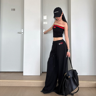 复古阔腿抽绳休闲拖地裤 新 美式 ROY11设计感春夏撞色辣妹抹胸上衣