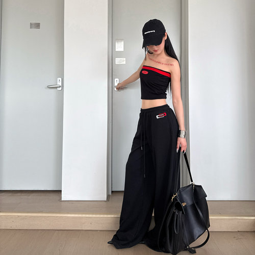 辣妹性感修身抹胸阔腿拖地长裤