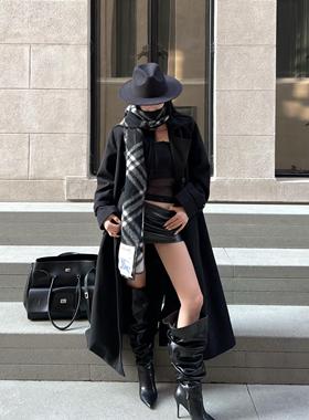 ROY11 经典战袍黑色毛呢过膝高级风衣夹棉加厚收腰过冬大衣外套新