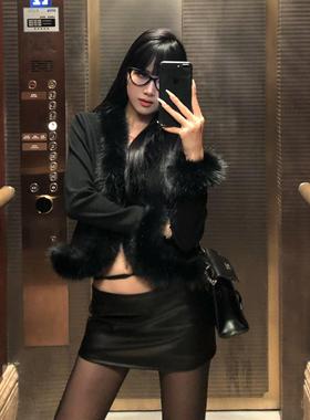 ROY11秋冬小众设计感毛领拼接针织开衫性感辣妹v领百搭长袖上衣女