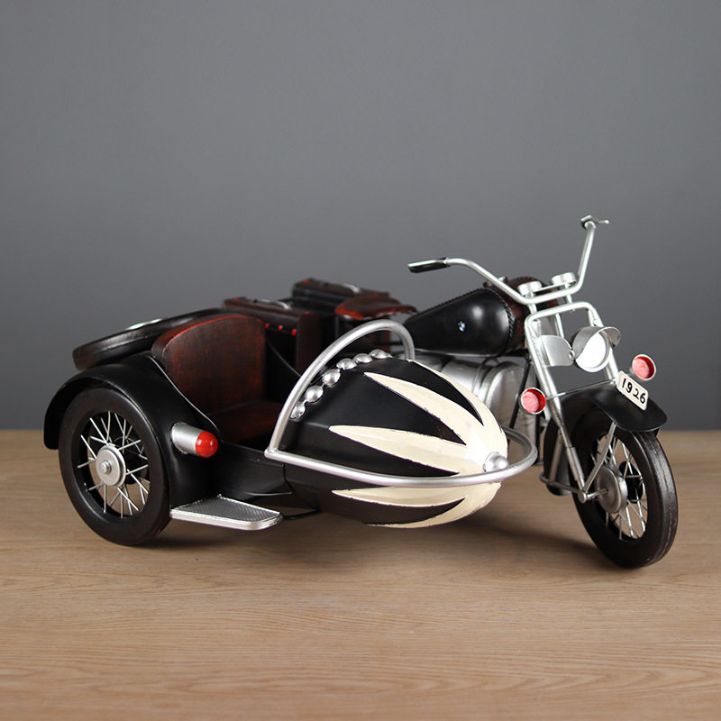 大号仿真跨斗摩托车三轮侉子模型铁皮手工艺复古家居客厅装饰摆件