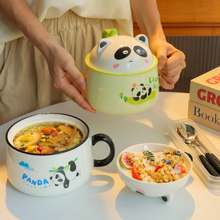 碗宿舍用学生陶瓷泡面碗带餐具2023新款可爱熊猫食堂吃饭用的手柄